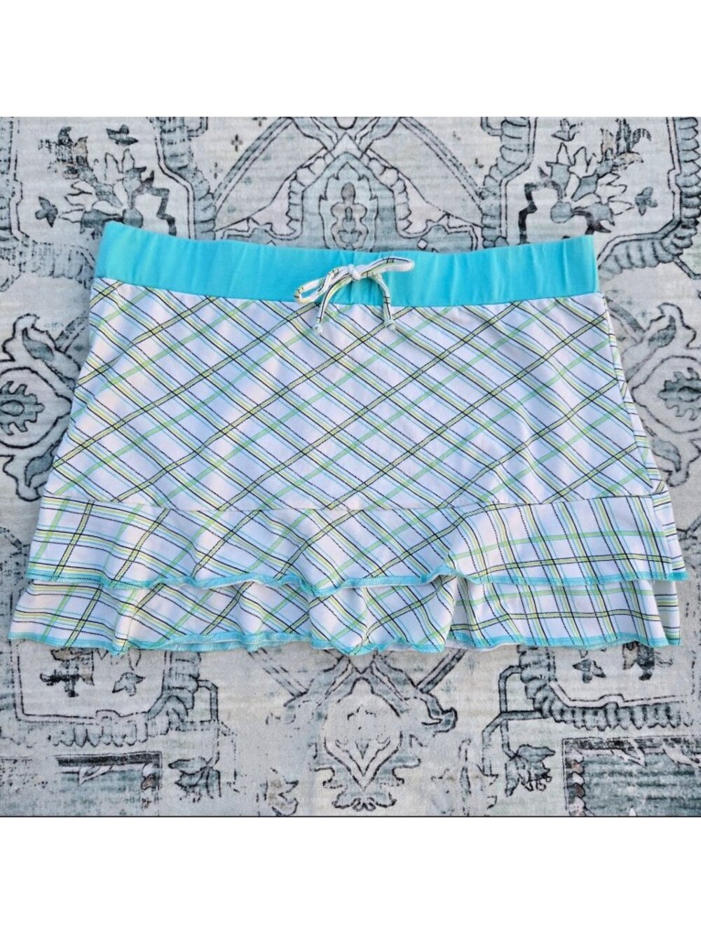 Vintage Y2K Plaid Ruffled Mini Skirt Size XL White Blue Green Stretch Jersey